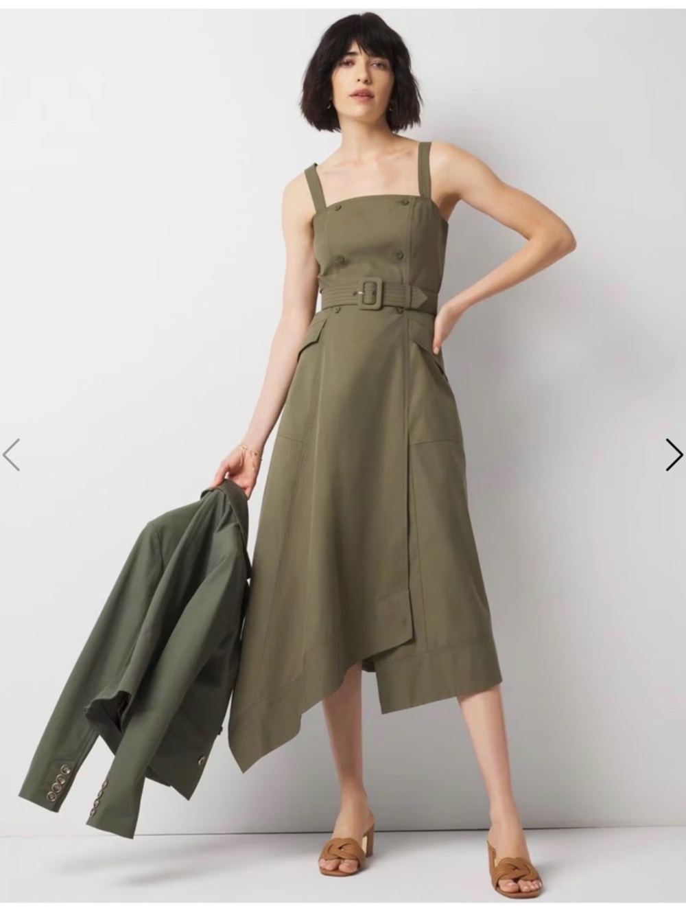 White House Black Market Asymmetric Trench Midi Dress Olive Green NWT Sz 4